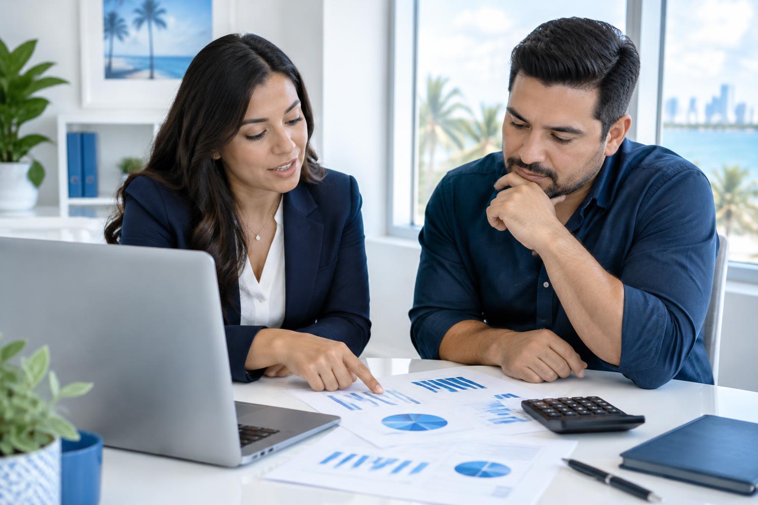 Asesora y emprendedor revisando proyecciones financieras