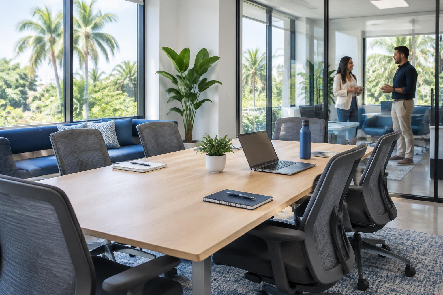 Espacio profesional luminoso con sala de reuniones y áreas de trabajo